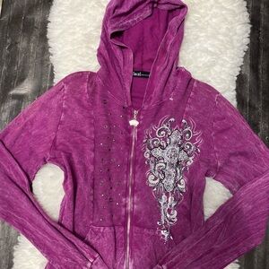 VOCAL EMBELLISHED CROSS CROWN PURPLE RHINESTONE ZIP UP HOODIE Y2K GRUNGE ALT